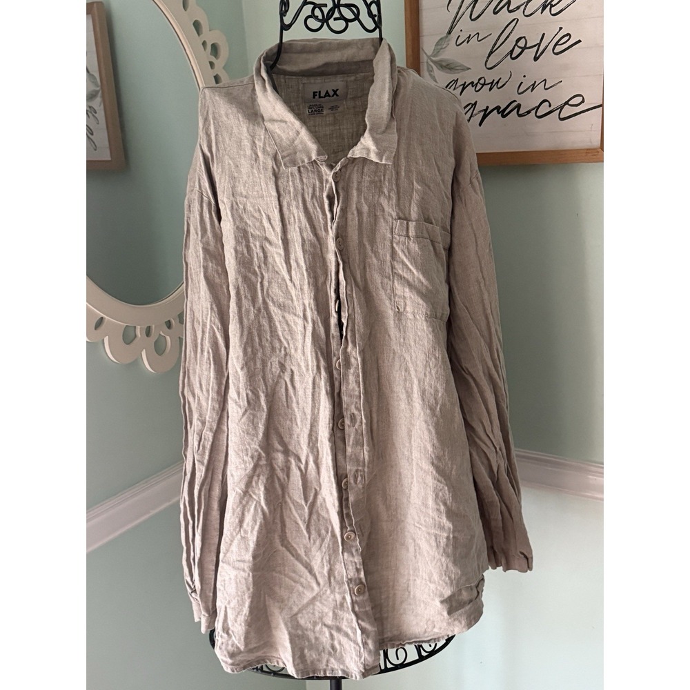 FLAX LS 100% Linen Tan Button Down Oversized Shirt- Size L Lagenlook Artsy